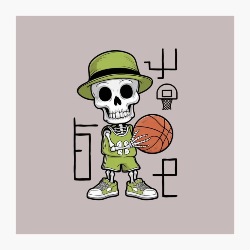 Cartoon Skeleton Basketball Player with Green Hat Character Illustration Pin