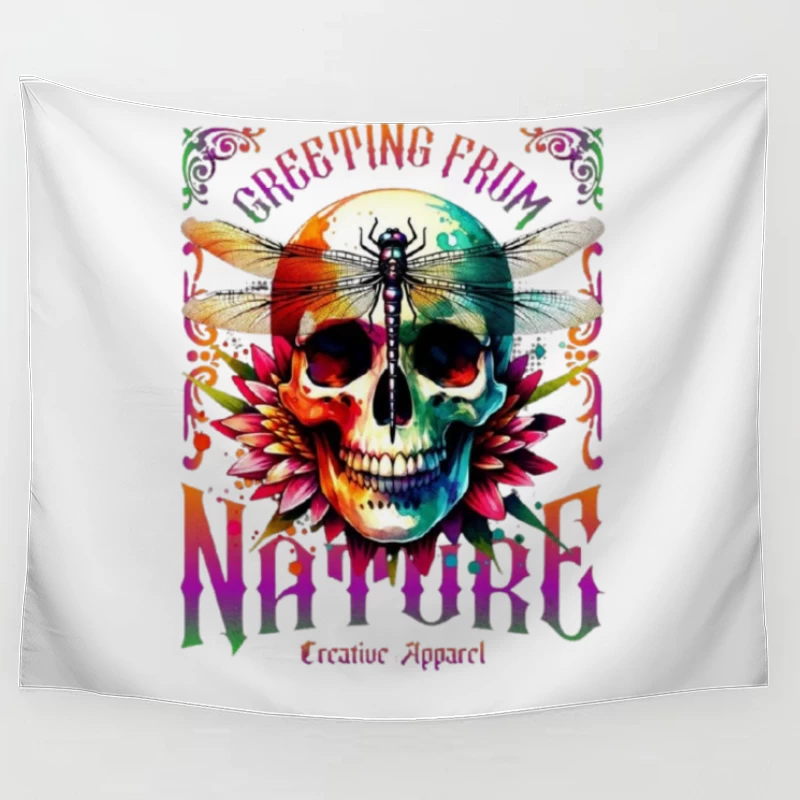 Rainbow Gothic Skull with Dragonfly and Floral Design - Nature Creative Apparel Tapestry