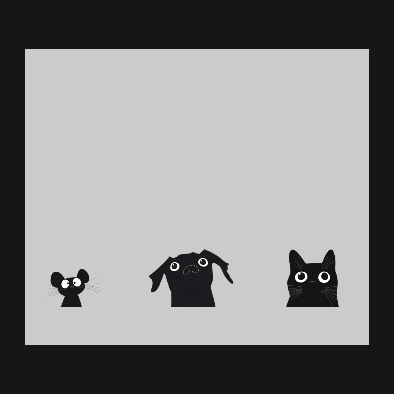 Minimalist Black and White Cartoon Animals: Mouse, Dog, and Cat Mouse Pad