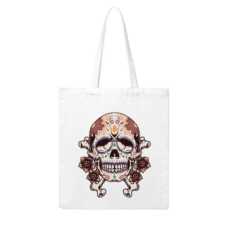 Decorative Skull with Crossbones and Floral Elements Cotton Tote Bag