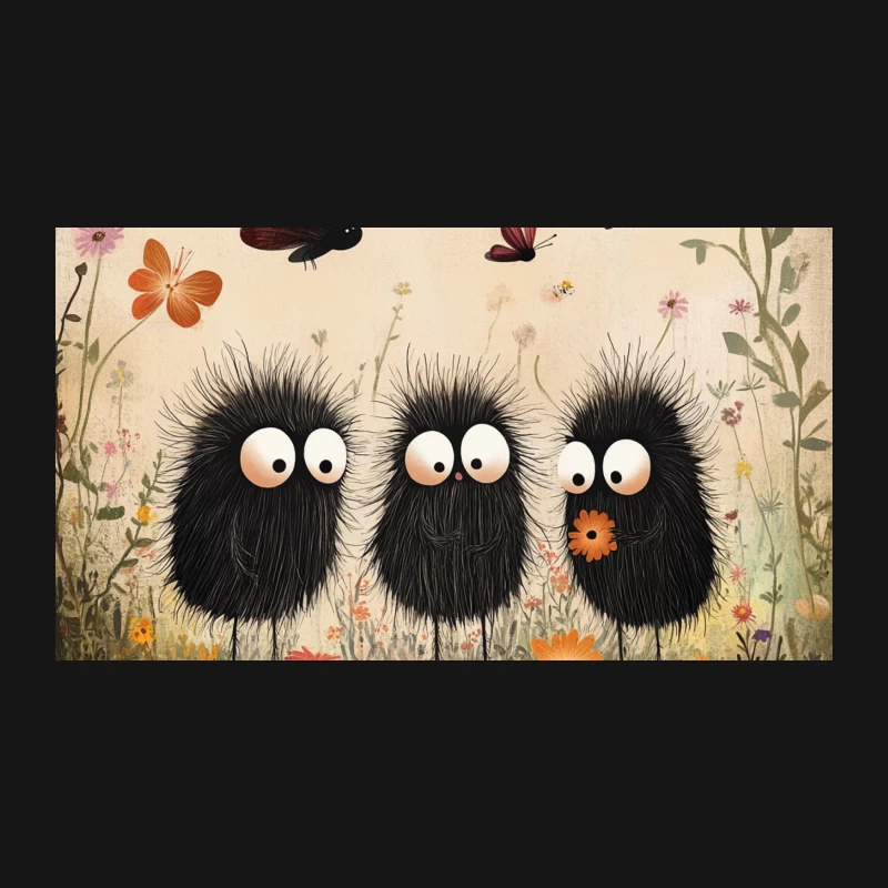 Whimsical Illustration of Fluffy Creatures Among Butterflies and Flowers Desk Mat