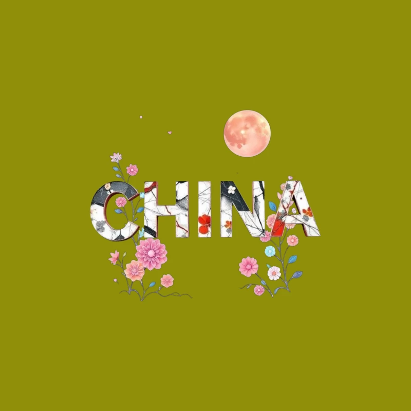 Floral Chinese Typography with Pink Moon and Cherry Blossoms Desk Mat