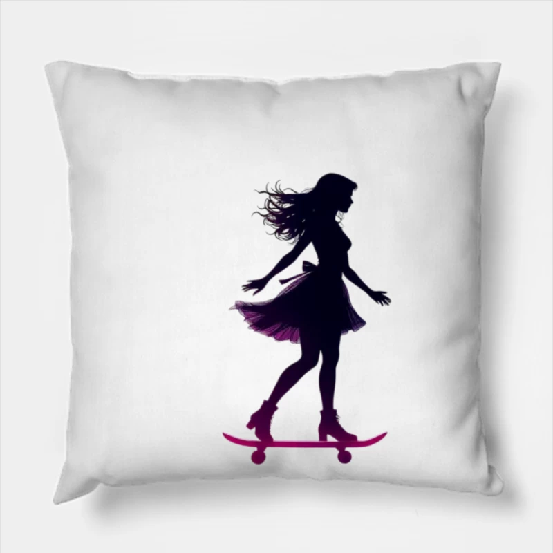 Graceful Feminine Skateboarding Silhouette in Purple Throw Pillow