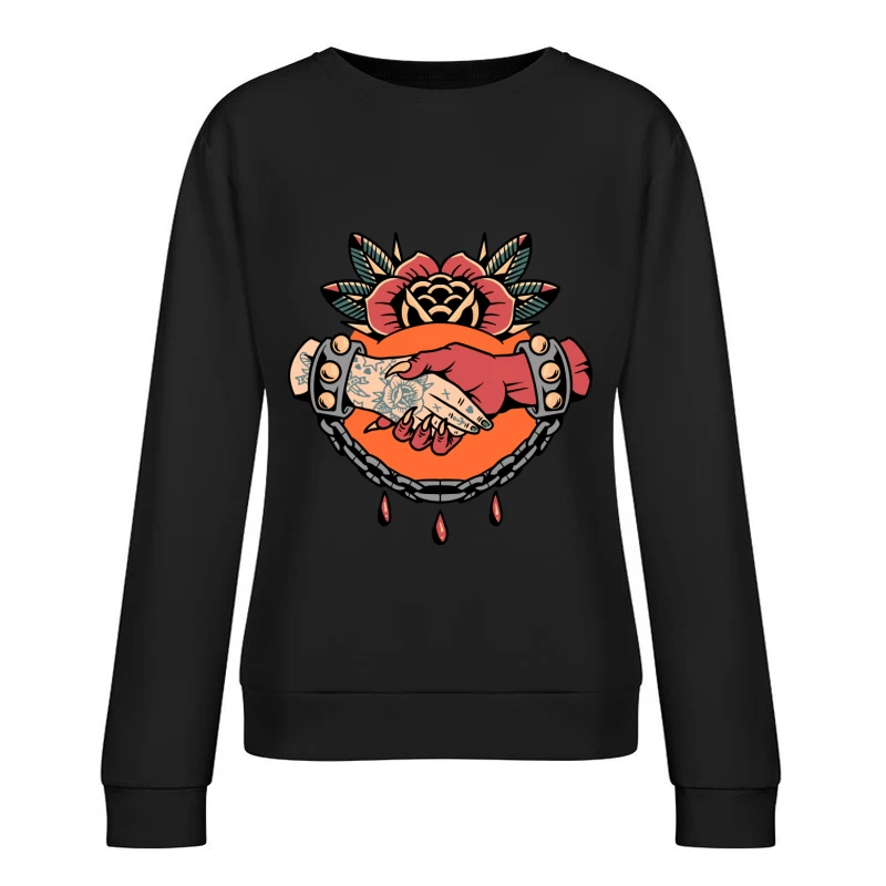 Symbolic Handshake Artwork with Floral and Chain Elements Female Pullover Sweatshirt