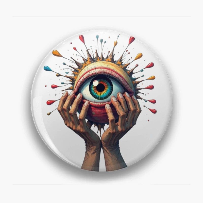 Mystical Eye Embraced by Reaching Hands with Colorful Splatter Pin