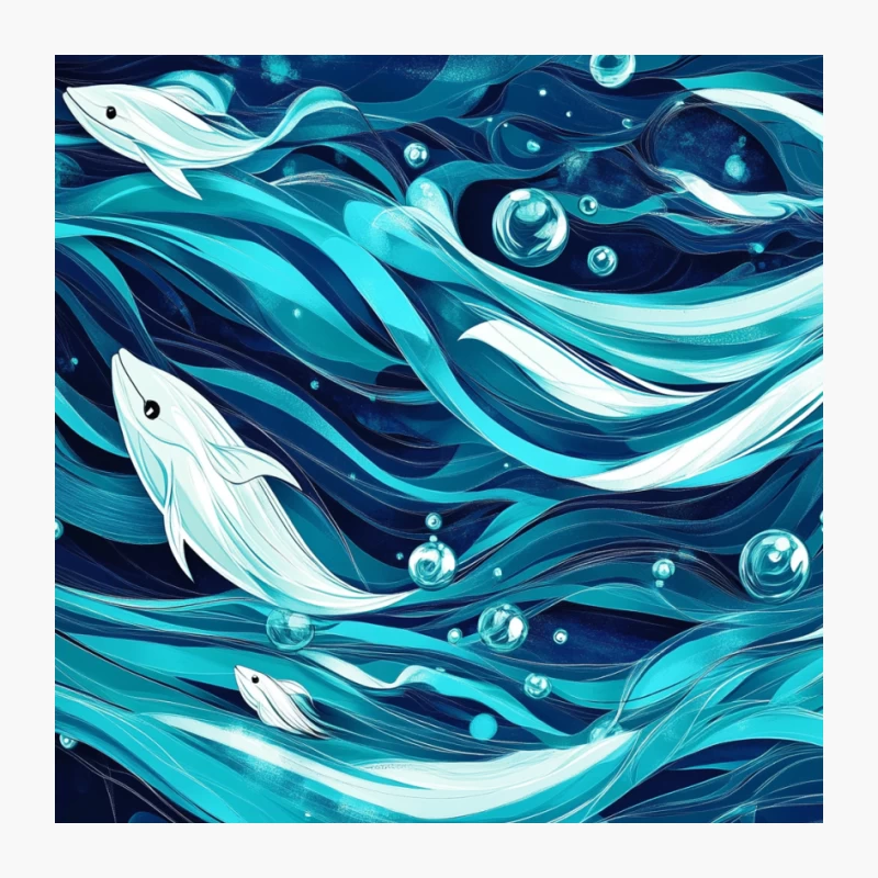 Stylized Underwater Scene with Whales and Ocean Waves Pin