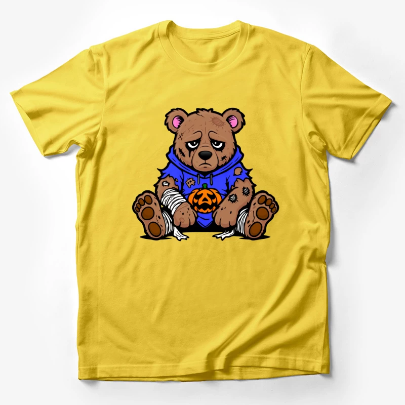 Sad Injured Teddy Bear in Blue Hoodie with Halloween Pumpkin Male T-Shirt