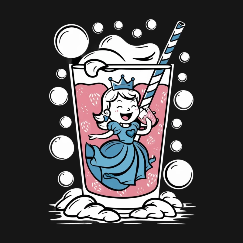 cartoon princess drink glass straw bubbles crown illustration Male T-Shirt