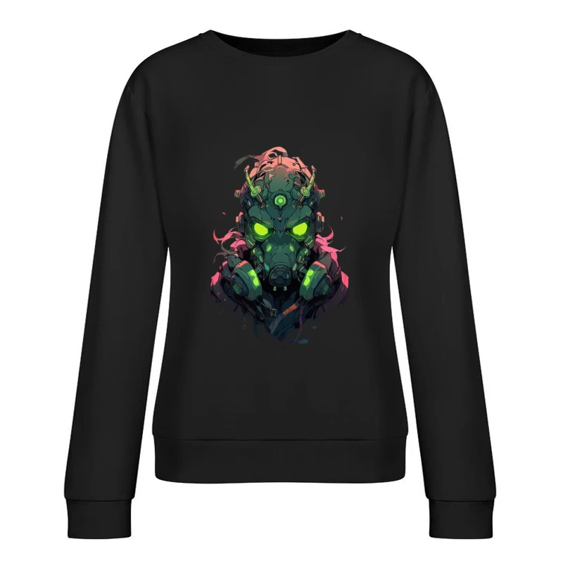 Futuristic Cyberpunk Character with Neon Gas Mask Female Pullover Sweatshirt