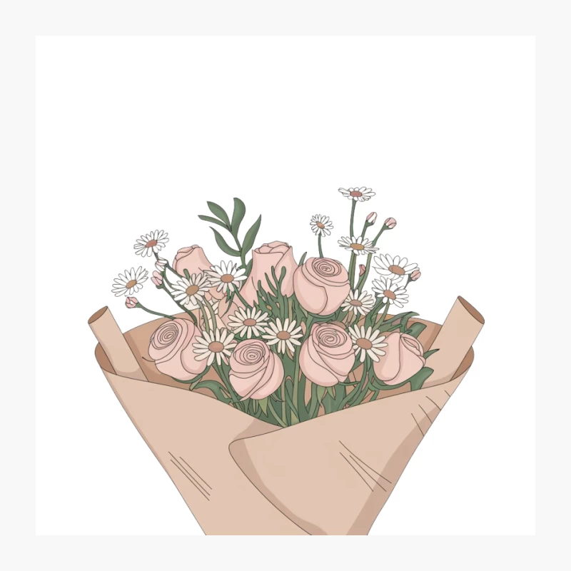 Hand-Drawn Pastel Flower Bouquet with Roses and Daisies Pin