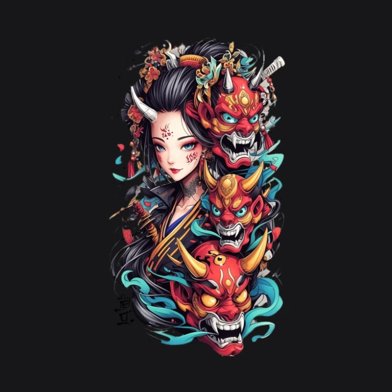 Geisha mit Oni-Masken und Blumen Herren Pullover Hoodie
