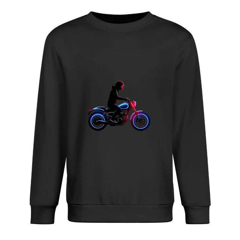 Neon-Lit Motorcycle Rider Silhouette Male Pullover Sweatshirt