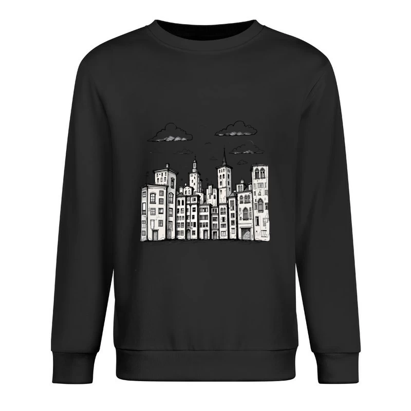 Stylized Black and White Cityscape Illustration Male Pullover Sweatshirt