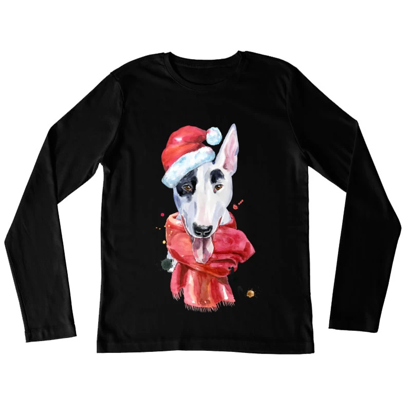 Chien en chapeau de Noël et écharpe Femme Manches Longues T-Shirt