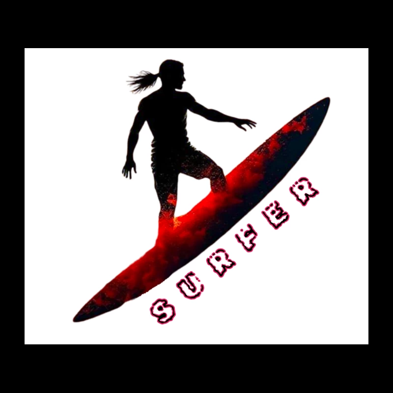 Dynamic Surfer Silhouette with Red Wave Effect Tapestry