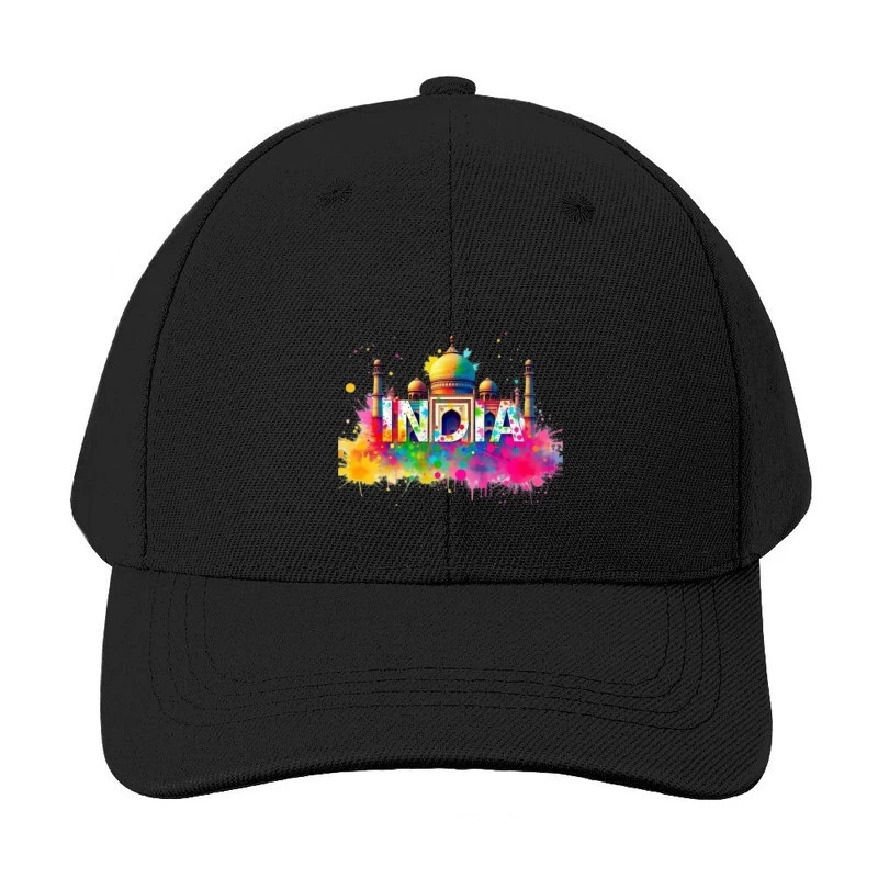 Vibrant Watercolor India Typography with Taj Mahal Silhouette Baseball Cap