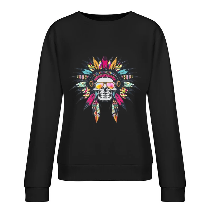 Colorful Skull with Headdress and Sunglasses Female Pullover Sweatshirt