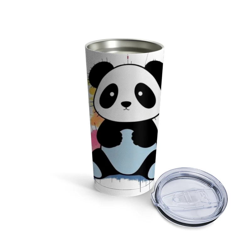 Adorable Cartoon Panda with Watercolor Splash Background Travel Mug