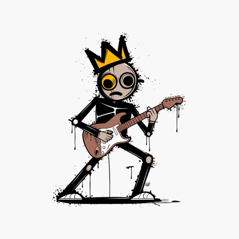 Crowned Stick Figure Playing Electric Guitar in Grunge Style Cotton Tote Bag