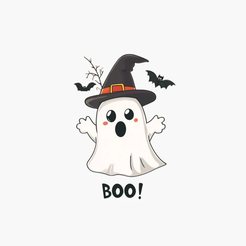 Cute Cartoon Ghost with Witch Hat for Halloween Cotton Tote Bag
