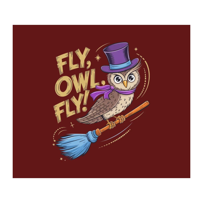 Whimsical Magic Owl Flying on Broom with Purple Top Hat Tapestry