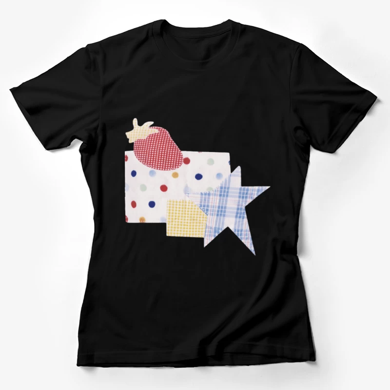 Patchwork-Muster mit Erdbeere, Stern und Punkten Damen T-Shirt