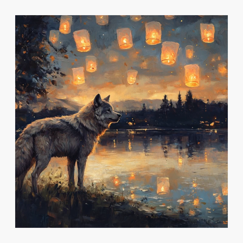 Lone Wolf Gazing at Floating Lanterns over Tranquil Lake Pin
