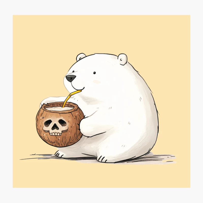 Cute Polar Bear Drinking from Halloween Coconut Skull Throw Pillow