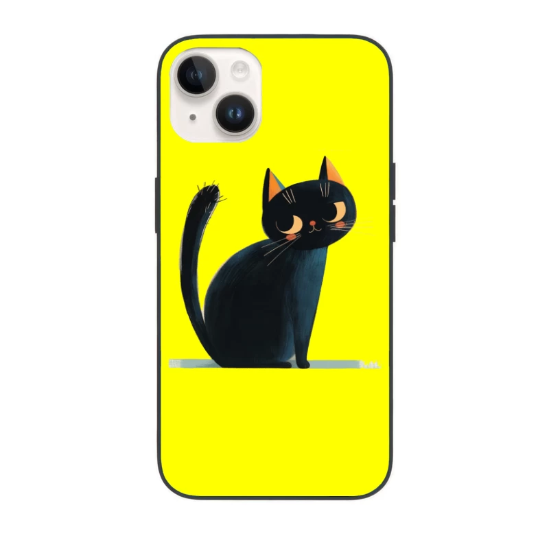 Adorable Black Cat Cartoon Illustration with Orange Ears iPhone Case