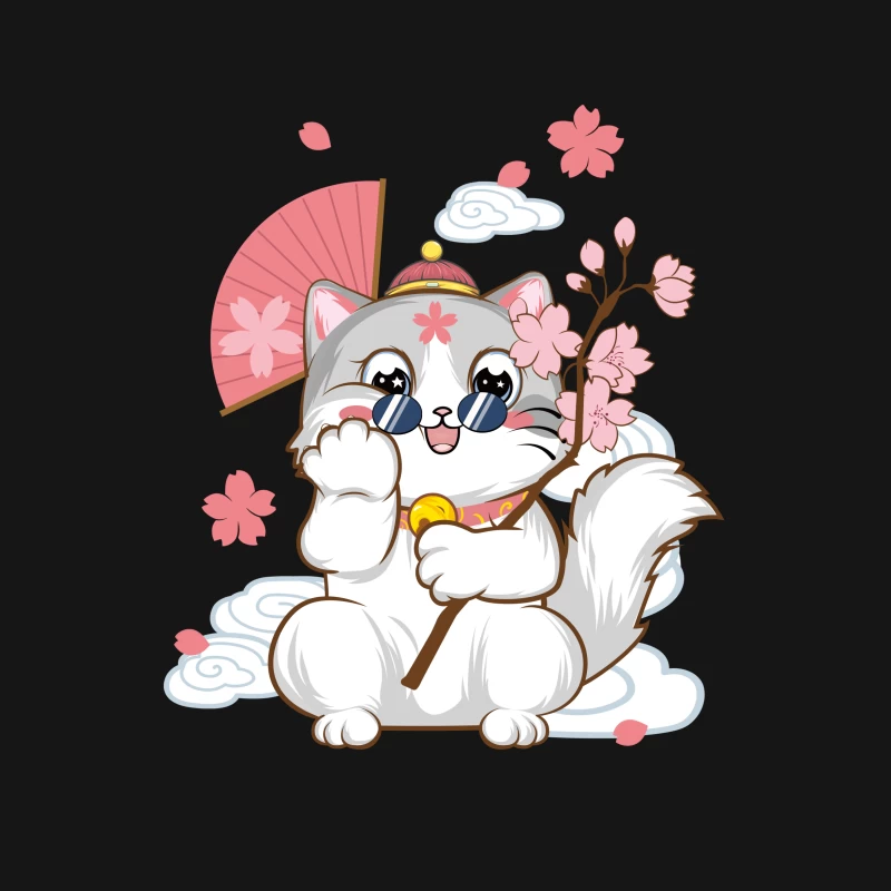 Niedliche Katze mit Kirschblüten und Fächer Herren T-Shirt