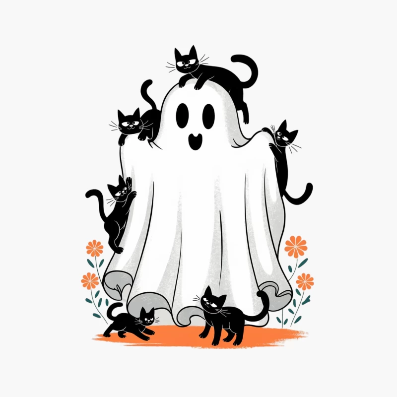 Playful Black Cats with Cute Ghost in Whimsical Halloween Scene Cotton Tote Bag