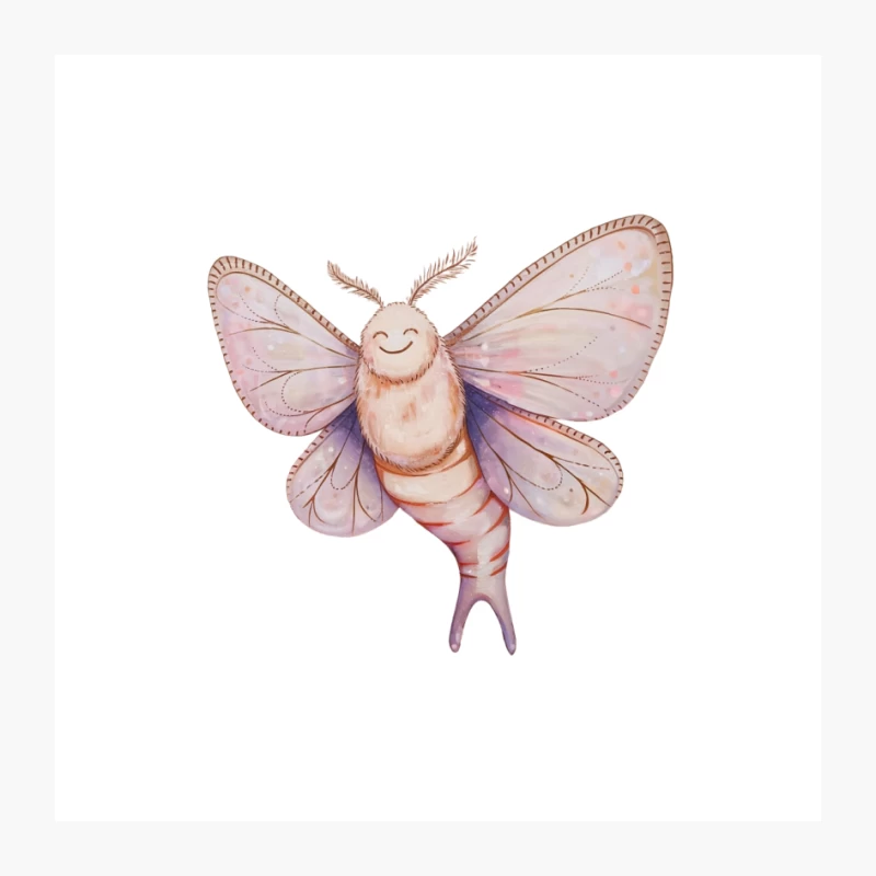 Whimsical Watercolor Moth Illustration with Cute Smile Pin
