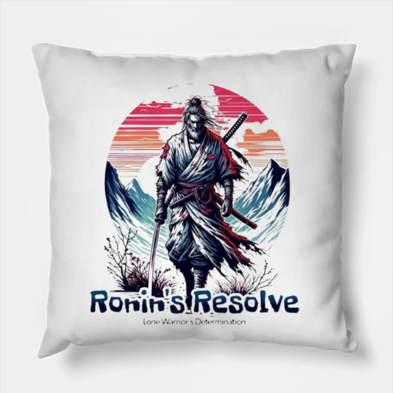 Lone Ronin's Resolve Against Mountain Sunset Throw Pillow