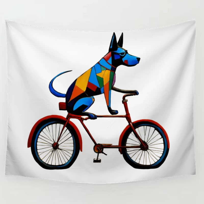 Geometric Colorful Dog Riding Red Bicycle Art Tapestry