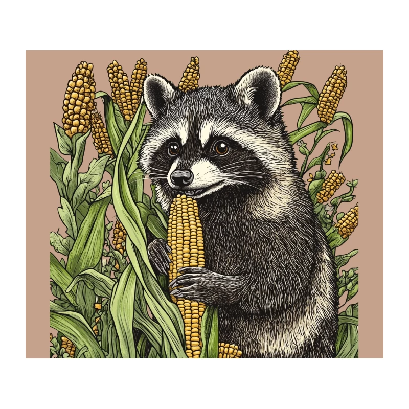 Detailed Illustration of Raccoon Harvesting Corn in Nature Tapestry