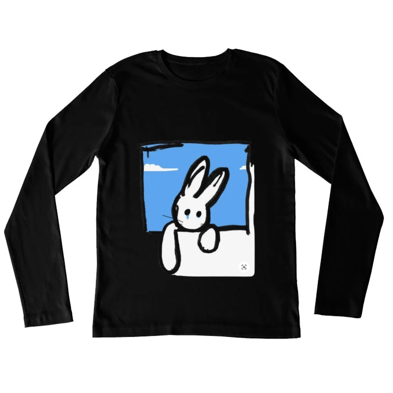 Niedlicher Kaninchen-Illustration im Fenster Damen Langarm T-Shirt