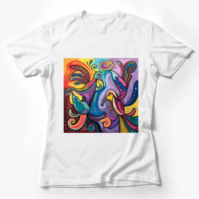 Vibrant Abstract Birds in Psychedelic Swirls Female T-Shirt