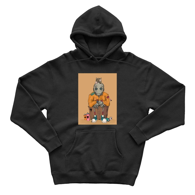 Urban Robot with Cat in Street Art Style Male Pullover Hoodie