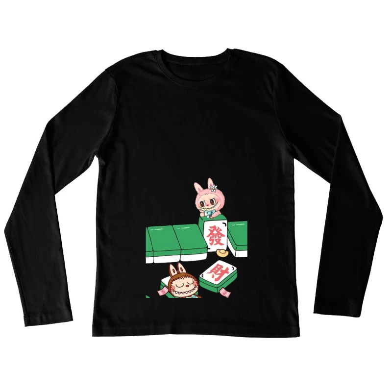 Niedliche Häschen mit Mahjong-Steinen Damen Langarm T-Shirt
