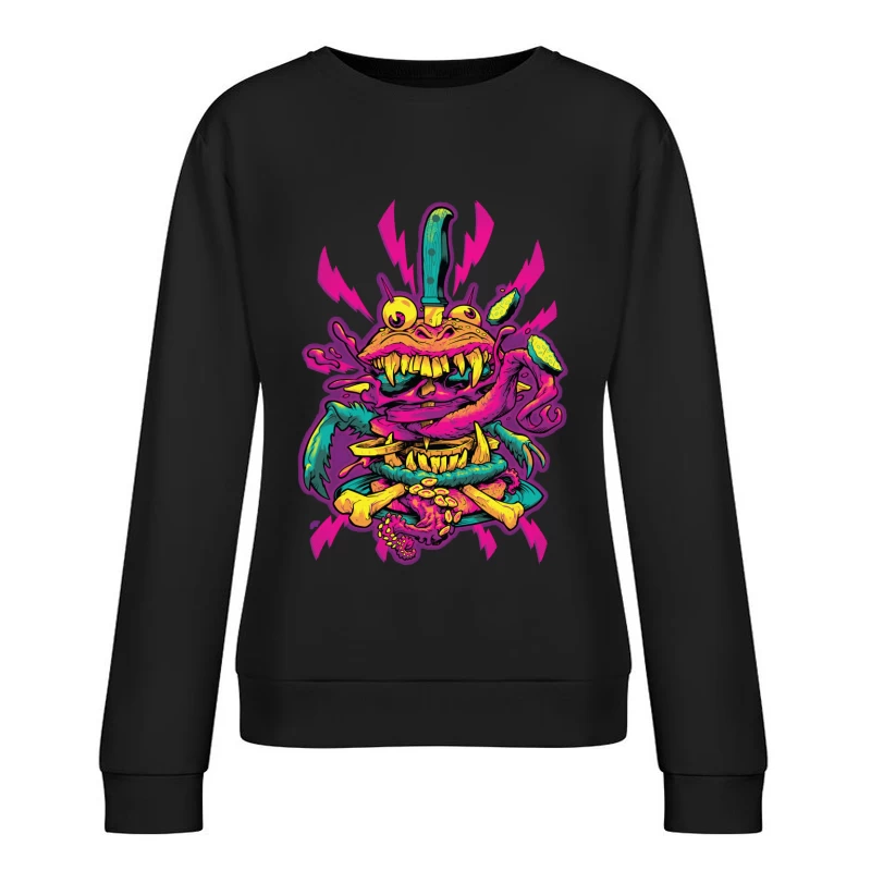 Colorful Grotesque Monster with Knife Female Pullover Sweatshirt