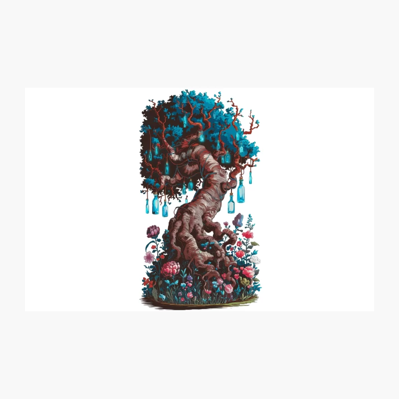 Whimsical Fantasy Tree with Glowing Blue Foliage and Flowered Base Travel Mug