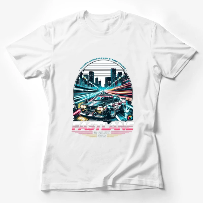 Retro Sports Car Racing Through Neon Cityscape - Synthwave Style Female T-Shirt