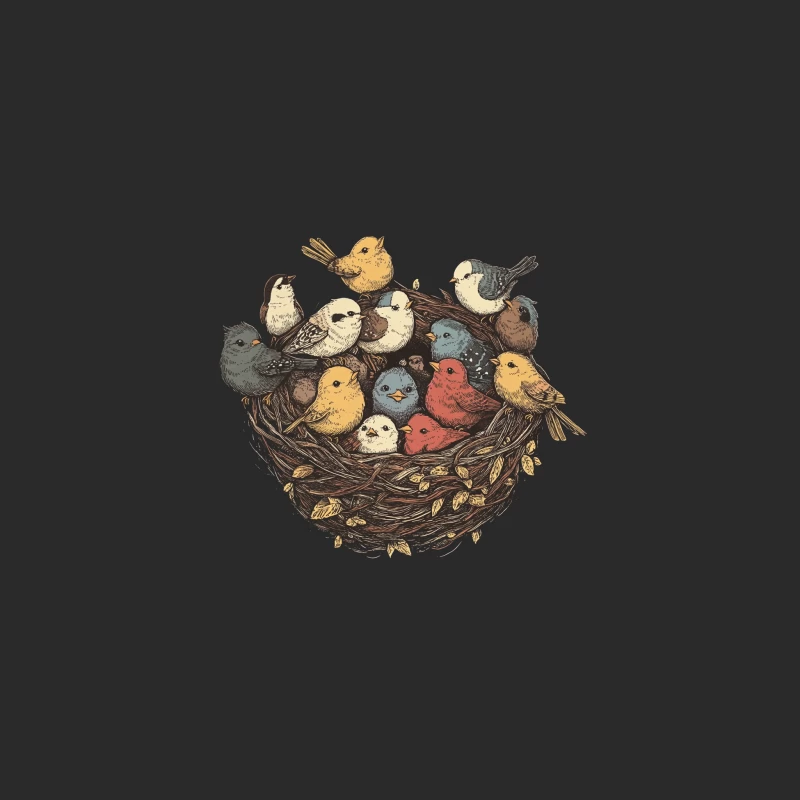 Colorful Bird Family Nestled in Illustrated Nature Scene Baseball Cap