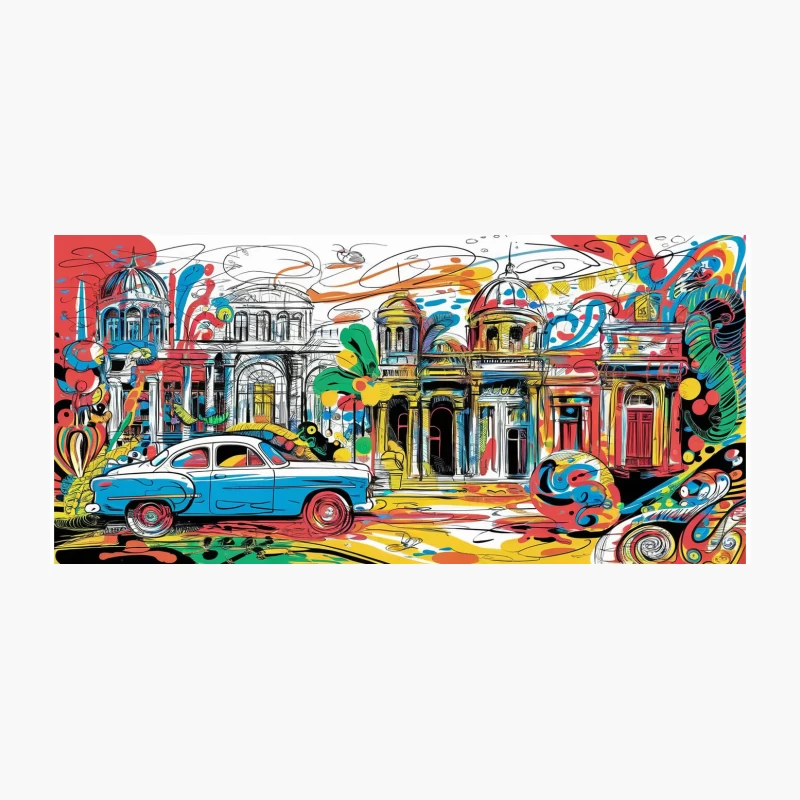 Vibrant Abstract Cityscape with Vintage Car and Architectural Elements Coffee Mug