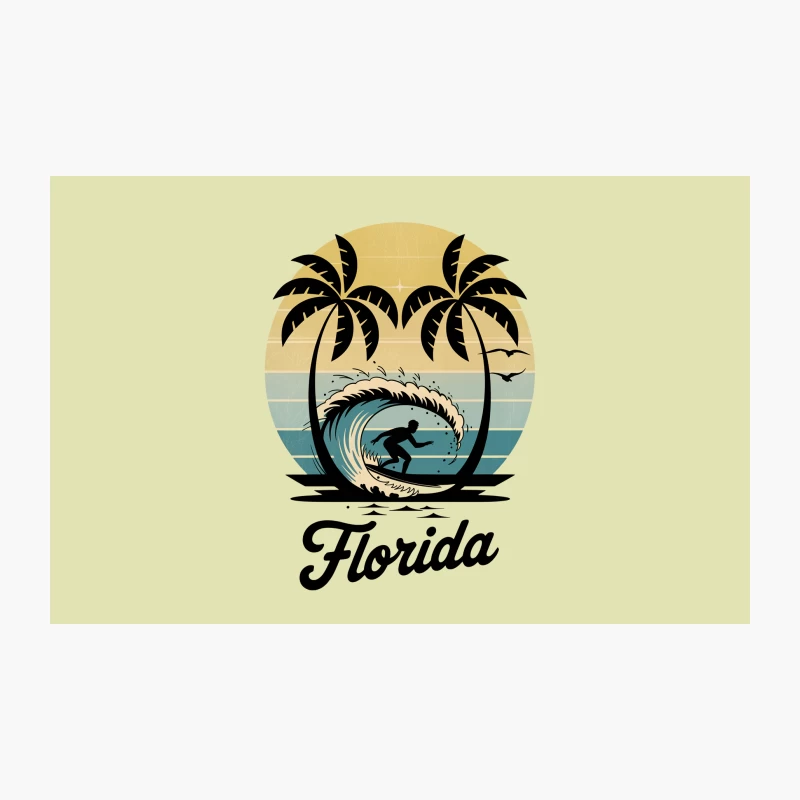 Retro Florida Beach Surfing Scene with Palm Trees at Sunset Travel Mug