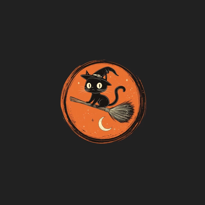 Spooky Halloween Cat Riding Broomstick in Moonlit Circle Bucket Hat
