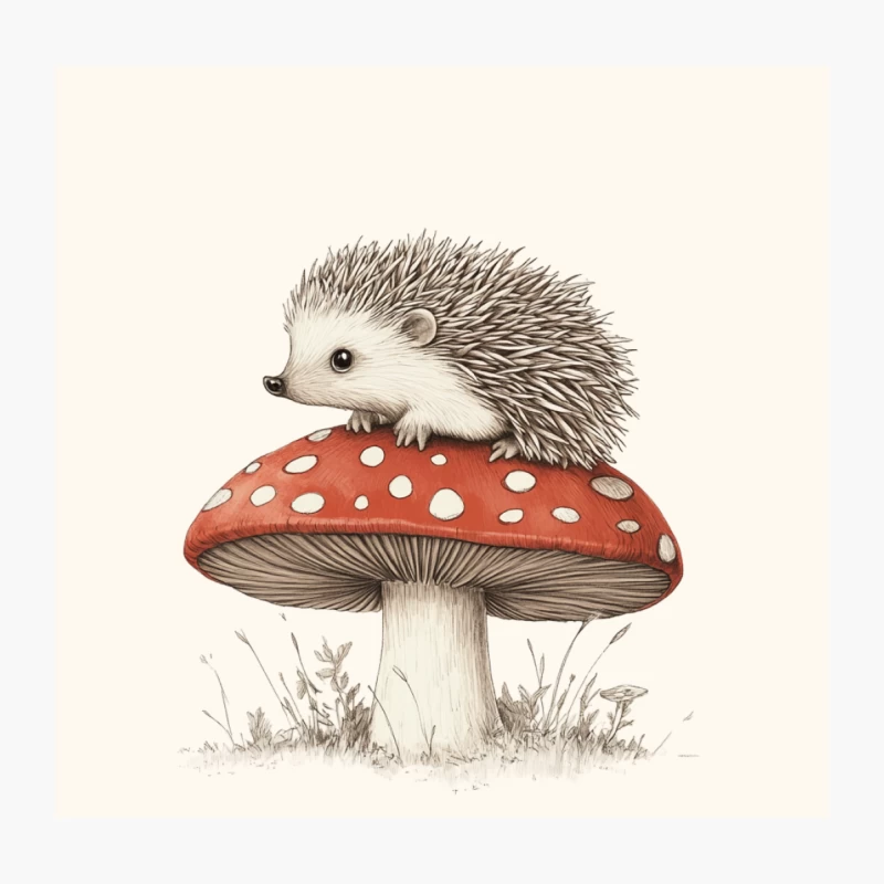 Cute Hedgehog Perched on Amanita Mushroom: Whimsical Wildlife Illustration Throw Pillow