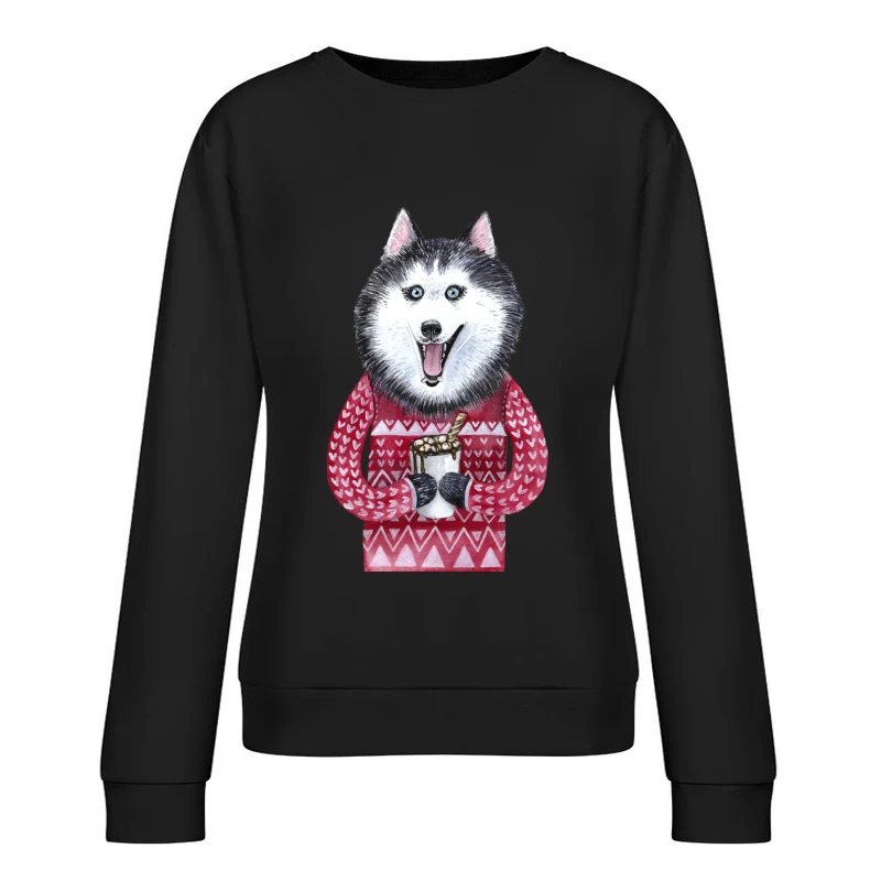Chien mignon en pull avec chocolat chaud Femme Sweat-shirt à enfiler