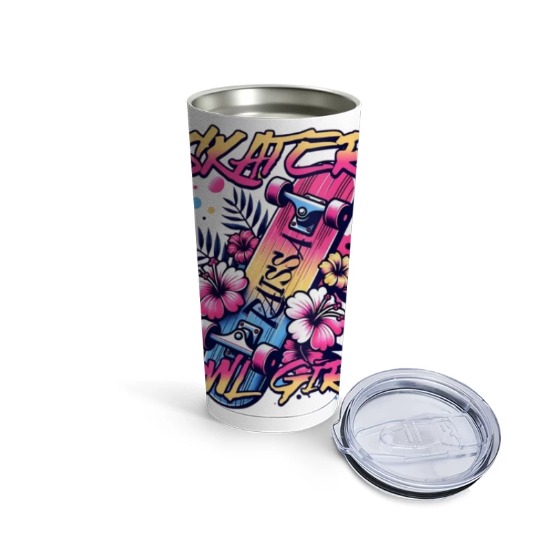 Tropical Skater Girl Typography with Floral Design Travel Mug