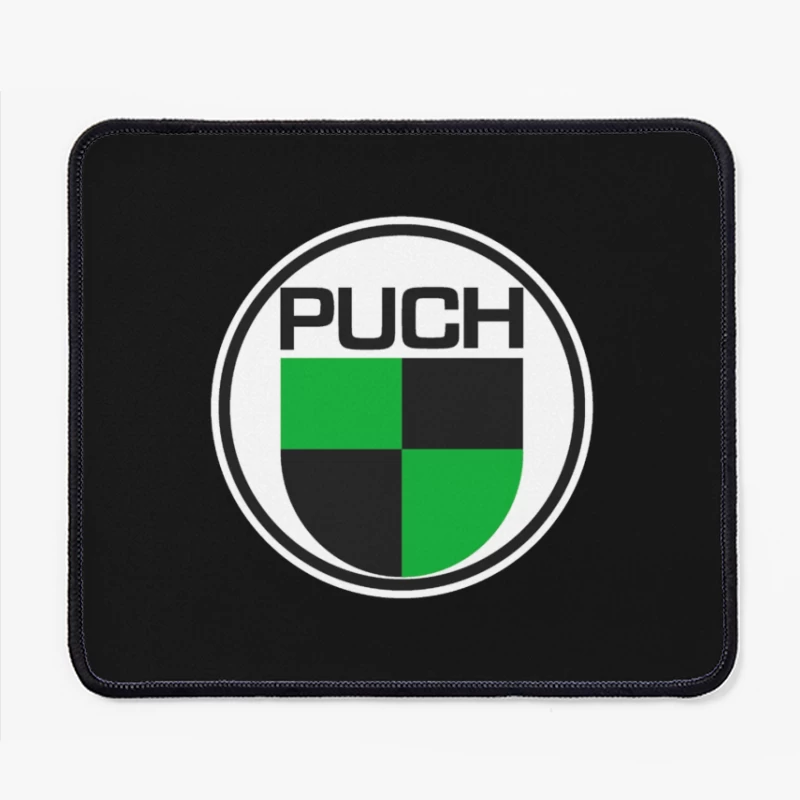 Vintage Puch Motorcycle Company Logo with Green and Black Shield Design Mouse Pad